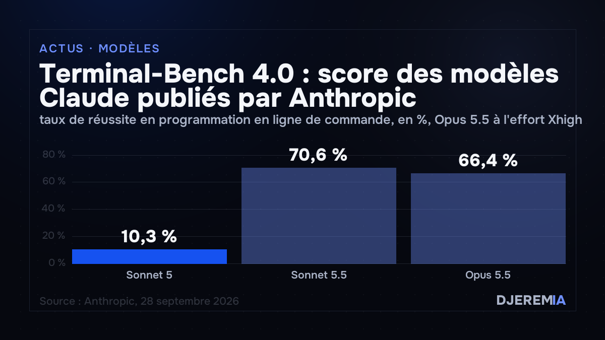 Terminal-Bench 4.0 : score des modèles Claude publiés par Anthropic, taux de réussite en programmation en ligne de commande, en %, Opus 5.5 à l'effort Xhigh