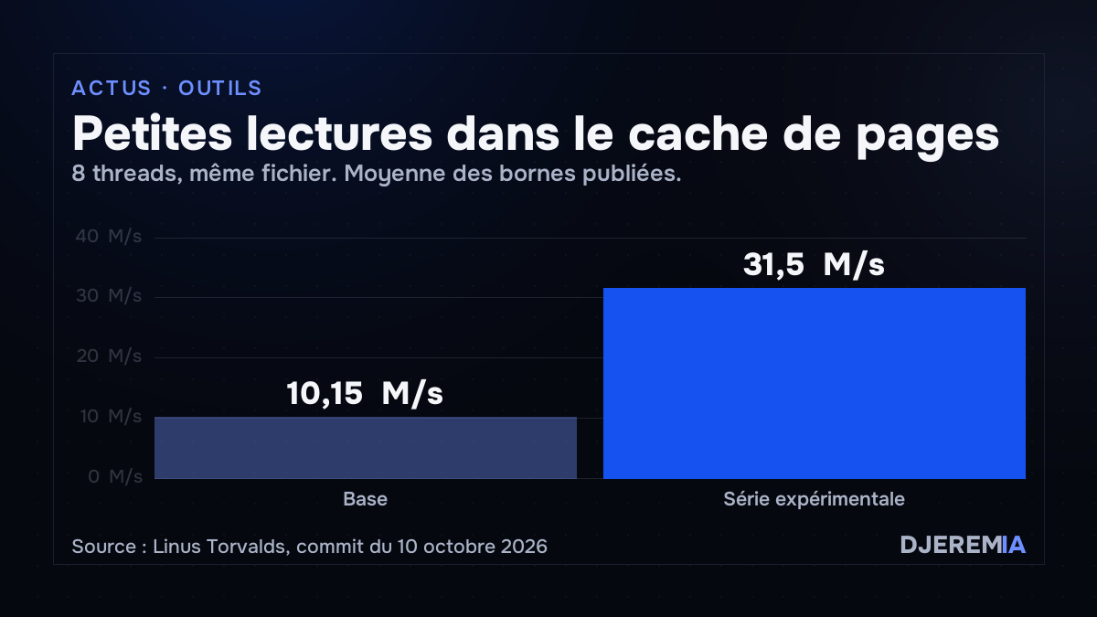 Mesures de Linus Torvalds : 10,15 et 31,5 millions de petites lectures par seconde, moyennes des fourchettes, huit threads sur un fichier
