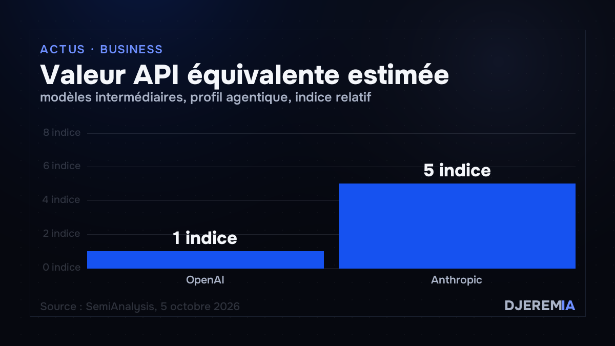 Valeur API équivalente estimée : indice 1 pour OpenAI et environ 5 pour Anthropic, selon SemiAnalysis