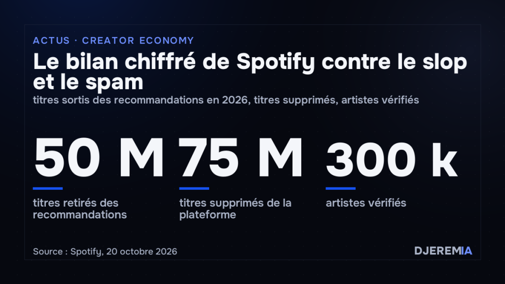 Bilan chiffré de Spotify contre le slop et le spam au 20 octobre 2026 : titres retirés des recommandations, titres supprimés, artistes vérifiés